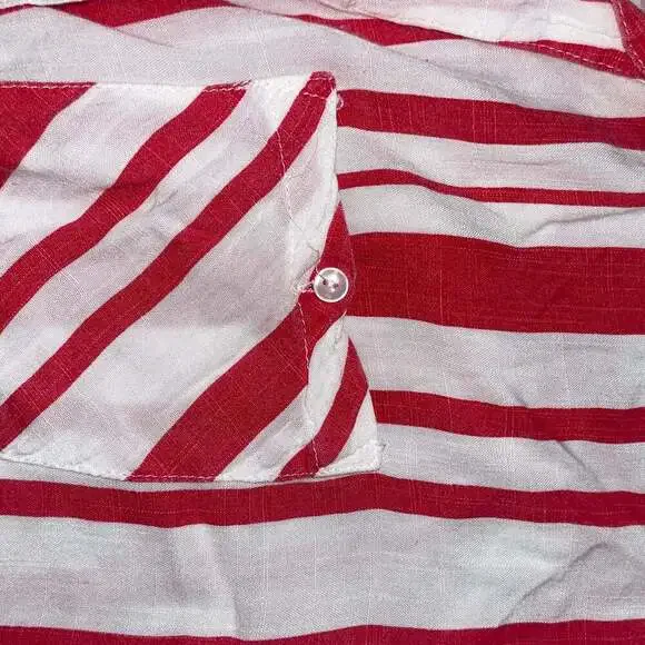 Umgee USA Red & White Stripe V Neck Pocket Shirt Dress with Frayed Bottom - Picture 2 of 4
